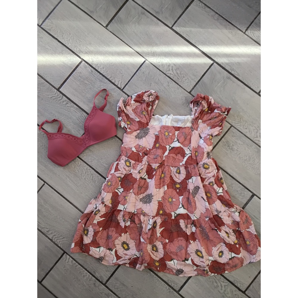 Bundle: LOFT Floral Puff Sleeve Mini Dress (Size 6) + Aerie Lace Trim Bra (34C)